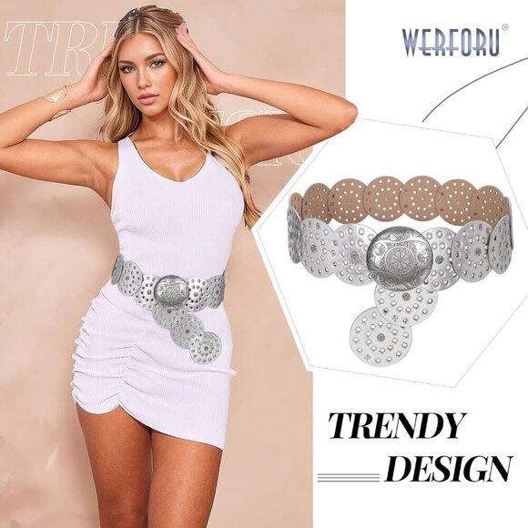 Women\'s Vintage Leather Western Disc Waist Belts Belt Silver Silver Buckle main image 4